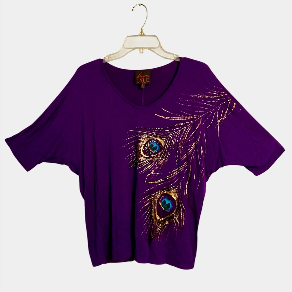 French Blue dolman sleeve purple top sparkly peacock feather Size L